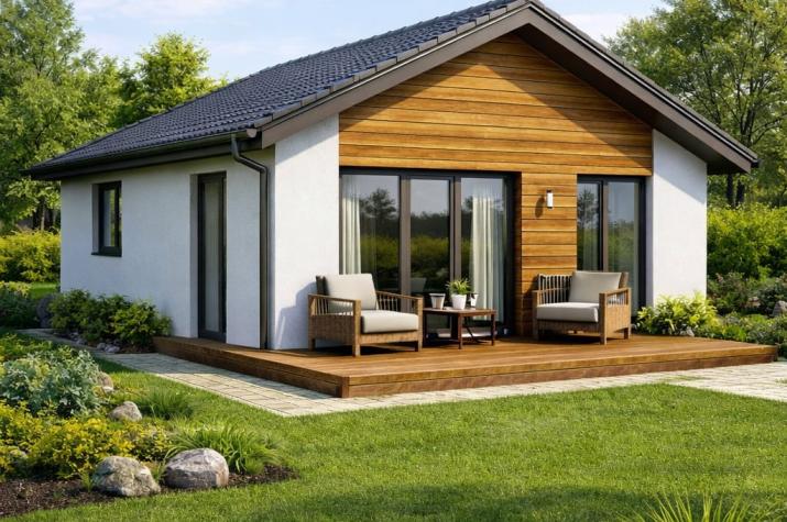  Easy Bungalow 84 - Moderne Außenansicht des Luxana Bungalow 84 mit Terrasse und Garten, kompakte Bauweise mit klassischem Satteldach