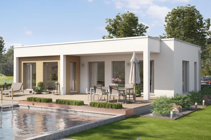 AMBIENCE 77 V4 - Moderner Flachdach-Bungalow mit Übereck-Panorama-Erker und Gartenlounge AMBIENCE 77 V4 - Moderner Flachdach-Bungalow mit Übereck-Panorama-Erker und Gartenlounge