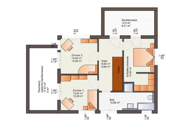 Grundriss Bauhausvilla - Flachdach - bis zu 2 Dachterrassen - schlüsselfertig, Grundrissvorschlag OG