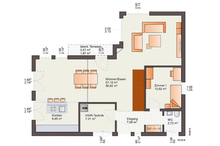 Grundriss Bauhausvilla - Flachdach - bis zu 2 Dachterrassen - schlüsselfertig, Grundrissvorschlag EG