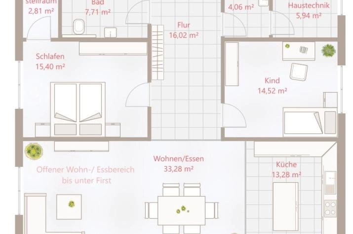 Grundriss Bungalow mit 3 Zimmern, 113 m² Wohnfläche