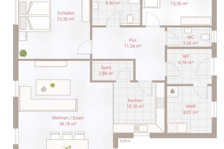 Grundriss Bungalow mit 3 Zimmern, 126 m² Wohnfläche