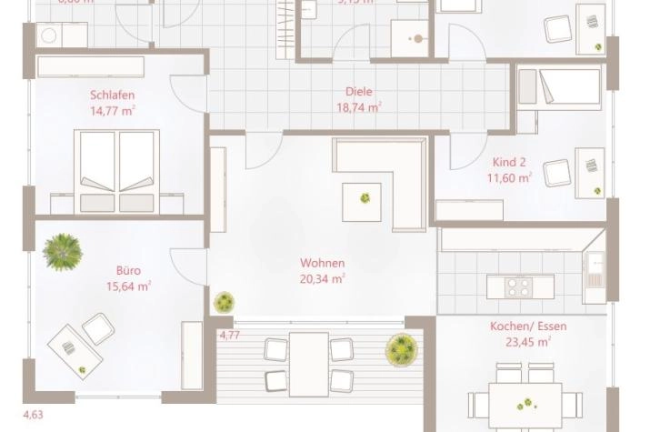 Grundriss Bungalow mit 5 Zimmern, 135 m² Wohnfläche