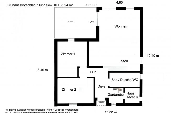 Grundriss Bungalow als Winkelhaus - Klein aber fein - schlüsselfertig, Grundrissvorschlag 