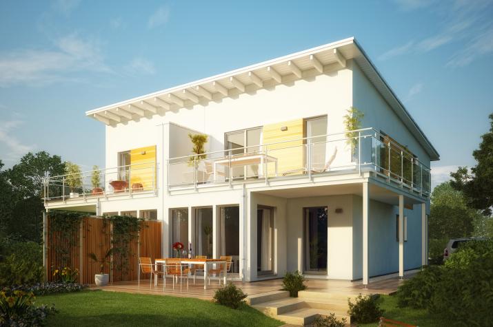 CELEBRATION 114 V4 L - Traumhaftes Pultdach-Doppelhaus mit Wintergarten-Erker und Übereck-Balkon