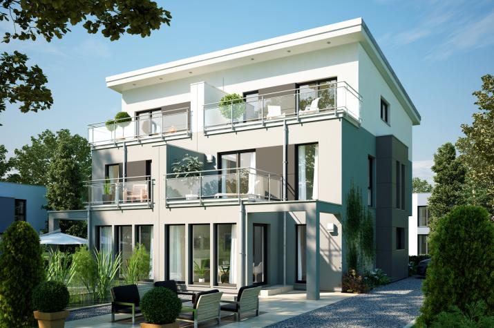 CELEBRATION 114 V5 XL - Traumhaftes Pultdach-Doppelhaus mit Wintergarten-Erker und Übereck-Balkon