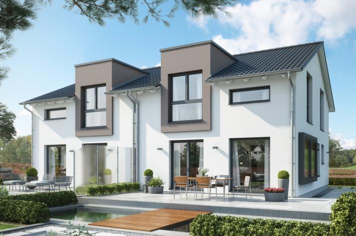 CELEBRATION 122 V2 L - Helles Doppelhaus mit Zwerchgiebeln und Panoramafenster 