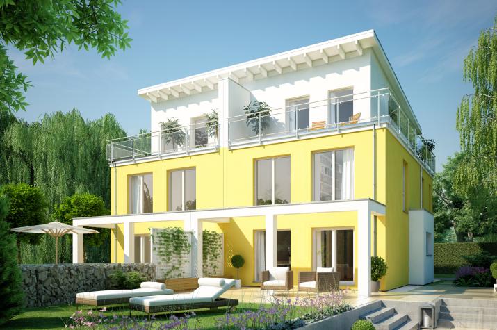 CELEBRATION 135 V4 XL - Helles Design-Doppelhaus mit Dachterrasse und Terrassen-Pergola