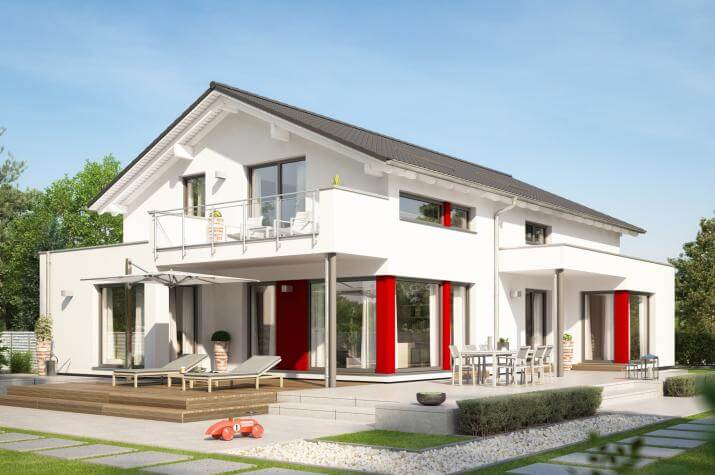 CELEBRATION 211 V4 - Modernes Zweifamilienhaus mit Übereck-Erkern und Terrassenüberdachung