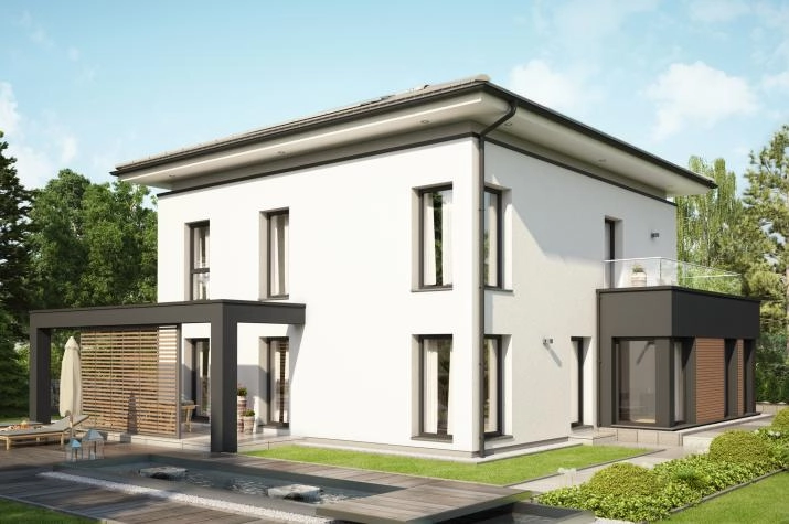 CONCEPT-M 193 Potsdam, Stadtvilla mit schwebendem Walmdach, Terrassen-Pergola und Übereckerker mit Balkon