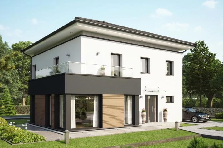 CONCEPT-M 193 Potsdam, Stadtvilla mit schwebendem Walmdach, Terrassen-Pergola und Übereckerker mit BalkonStadtvilla mit schwebendem Walmdach, Terrassen-Pergola und Übereckerker mit Balkon