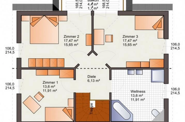 Grundriss Einfamilienhaus - Landhaus - Satteldach - schlüsselfertig, Grundrissvorschlag  Obergeschoß