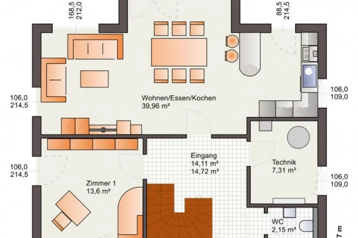 Grundriss Einfamilienhaus - Landhaus - Satteldach - schlüsselfertig, Grundrissvorschlag EG