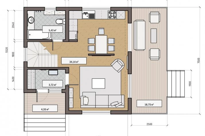 Grundriss Blockhaus mit 3 Zimmern, 104 m² Wohnfläche