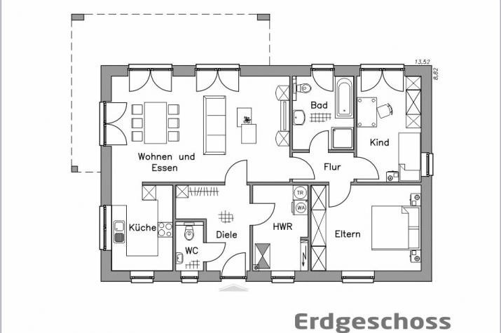 Grundriss Bungalow mit 3 Zimmern, 96 m² Wohnfläche