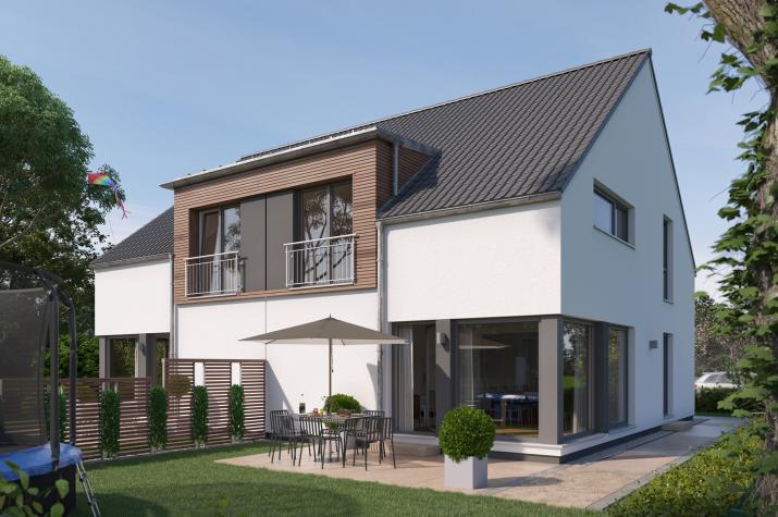 SOLUTION 124 L V2 - Urbanes Doppelhaus mit Zwerchgiebel und Panorama-Eckfenster