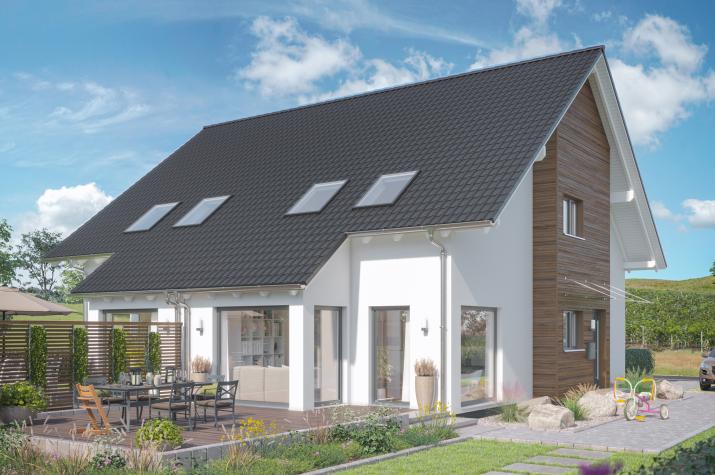SOLUTION 125 L V2 - Kompaktes Doppelhaus mit Wintergarten-Erker unter Dachabschleppung SOLUTION 125 L V2 - Kompaktes Doppelhaus mit Wintergarten-Erker unter Dachabschleppung