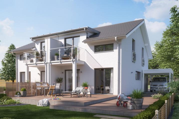 SOLUTION 125 L V3 - Doppelhaus für die Stadt mit Zwerchgiebel, Balkon und Carport