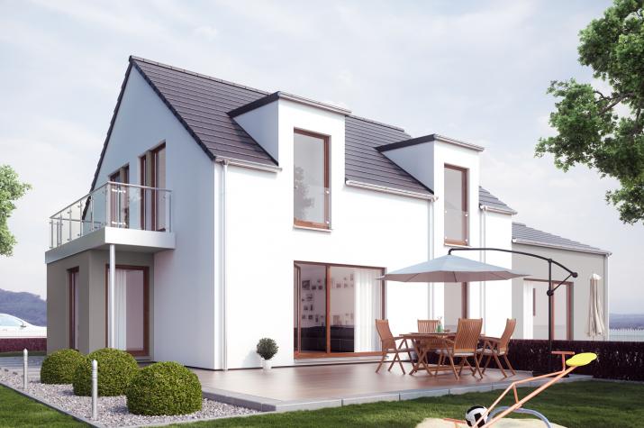 SOLUTION 183 V2 - Schickes Mehrgenerationenhaus mit zwei Pultdach-Zwerchgiebeln, Erker und Balkon