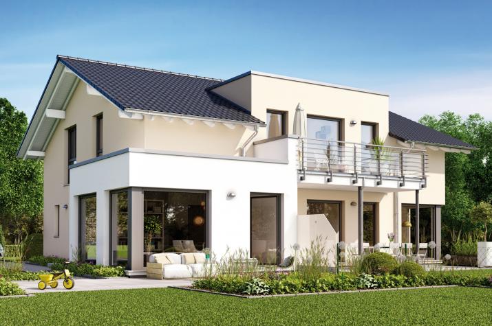 SOLUTION 230 V5 - Modernes Mehrgenerationenhaus mit Übereckerker und Zwerchgiebel mit Balkon