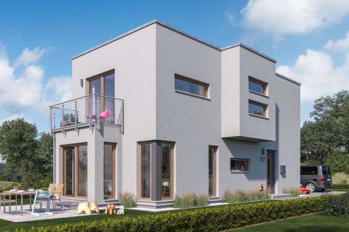SUNSHINE 107 FD - Kompaktes Einfamilienhaus im Bauhausstil mit Erkern und Balkon
