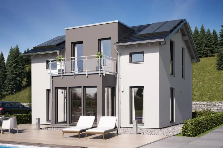 SUNSHINE 125 V4, Schickes Einfamilienhaus mit Flachdach-Zwerchgiebel, Erker und Balkon