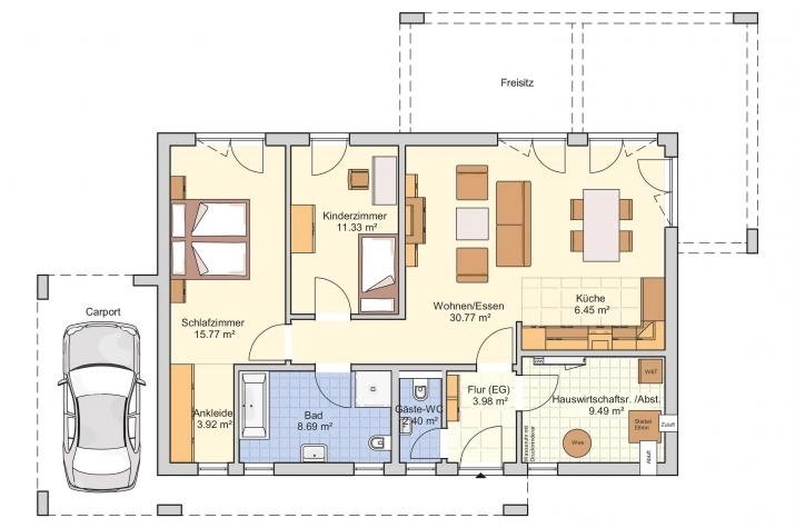 Grundriss Bungalow mit 4 Zimmern, 94 m² Wohnfläche