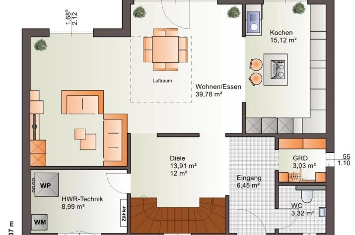Grundriss Passivhaus mit 6 Zimmern, 170 m² Wohnfläche