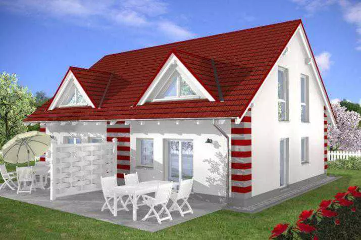 Zweifamilienhaus als Doppelhaus mit zwei identischen Wohnbereichen und zwei Terrassen der Firma AB Hauskonzepte