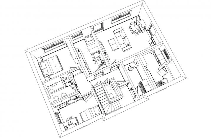 Grundriss Zweifamilienhaus ca. 2 x 80-90 m², nach jetzt gültiger EnEV, Erdgeschoss 3D