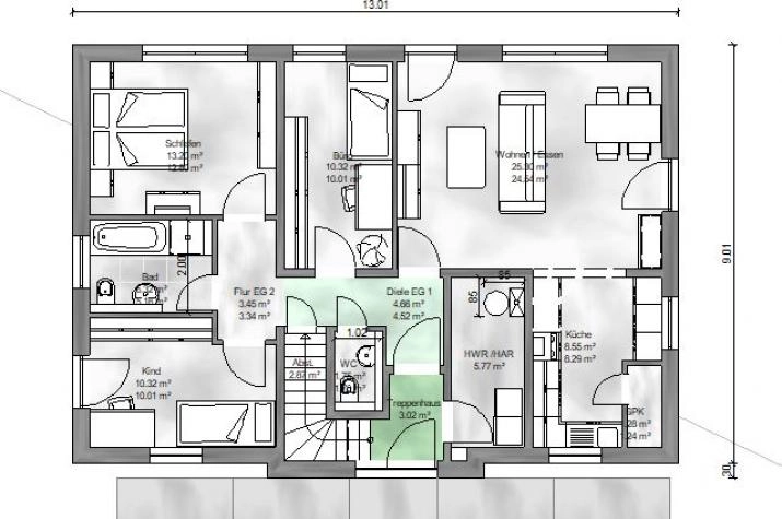 Grundriss Zweifamilienhaus ca. 2 x 80-90 m², nach jetzt gültiger EnEV, Erdgeschossgrundriss