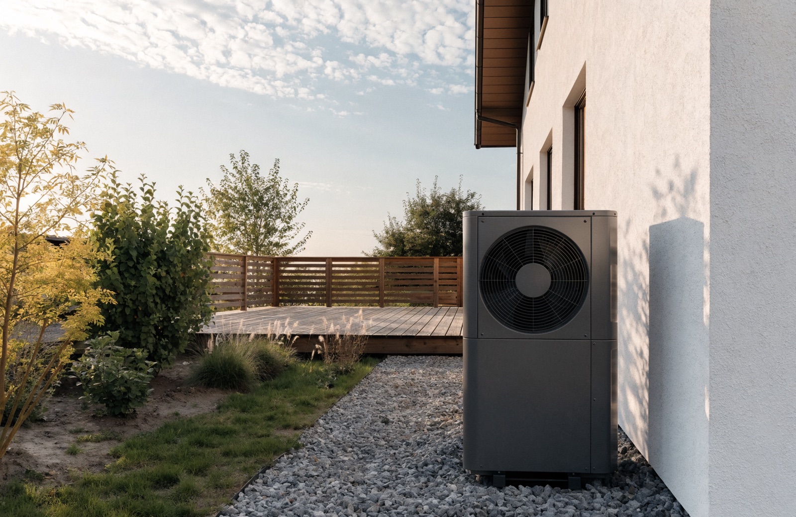 Luft-Wasser-Wärmepumpe an der Hauswand eines neu gebauten Einfamilienhauses