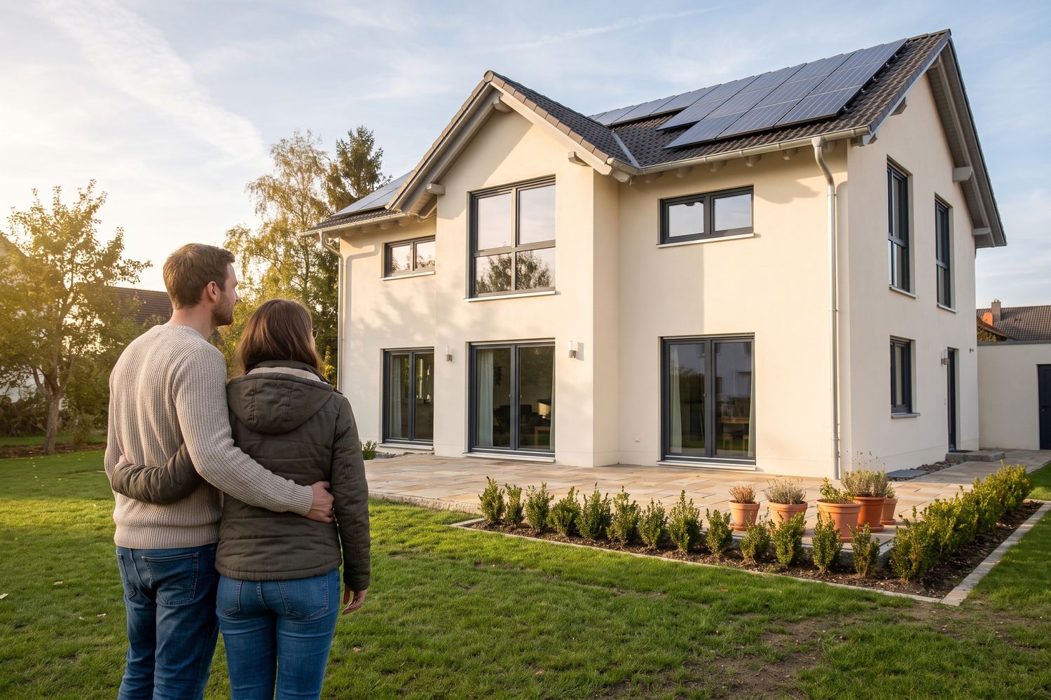 Paar auf dem eigenen Grundstück vor dem neu gebauten Haus