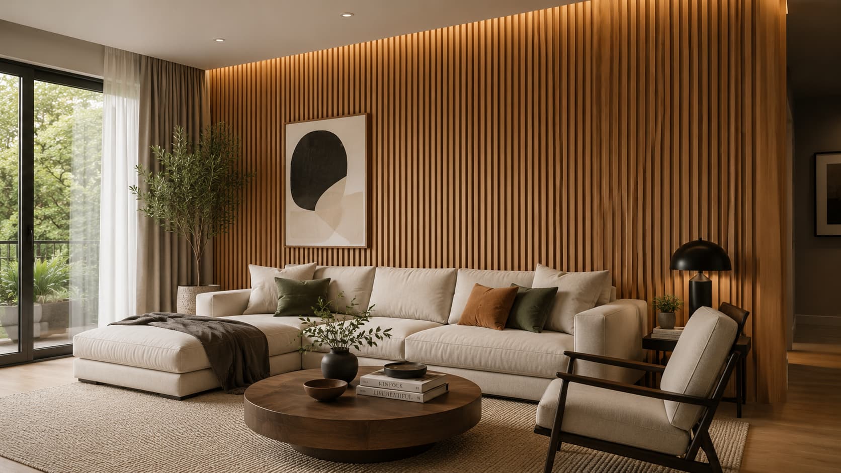 Akustikpaneele aus Holz in einem Wohnzimmer