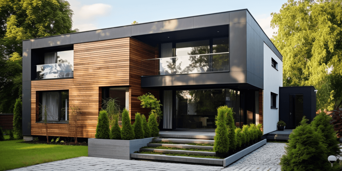 Moderne Fassadenoptik mit Putz und Holz