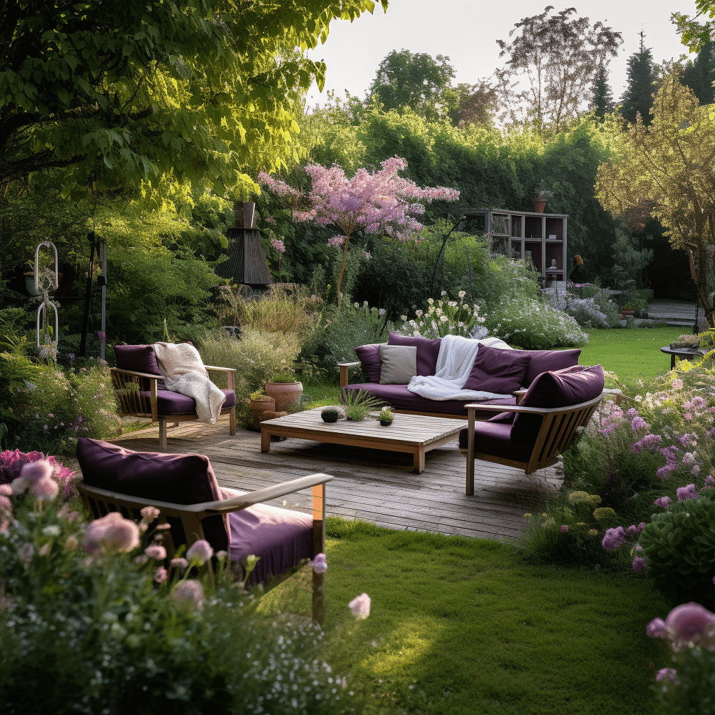 Lounge Möbel farblich passend zu den Blumen im Garten
