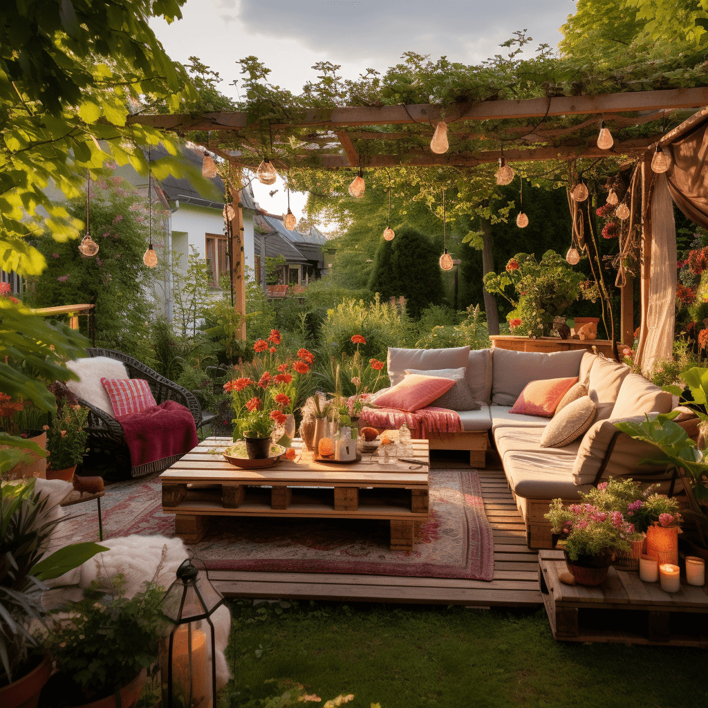 Lounge Möbel aus Paletten in einem naturbelassenen Garten