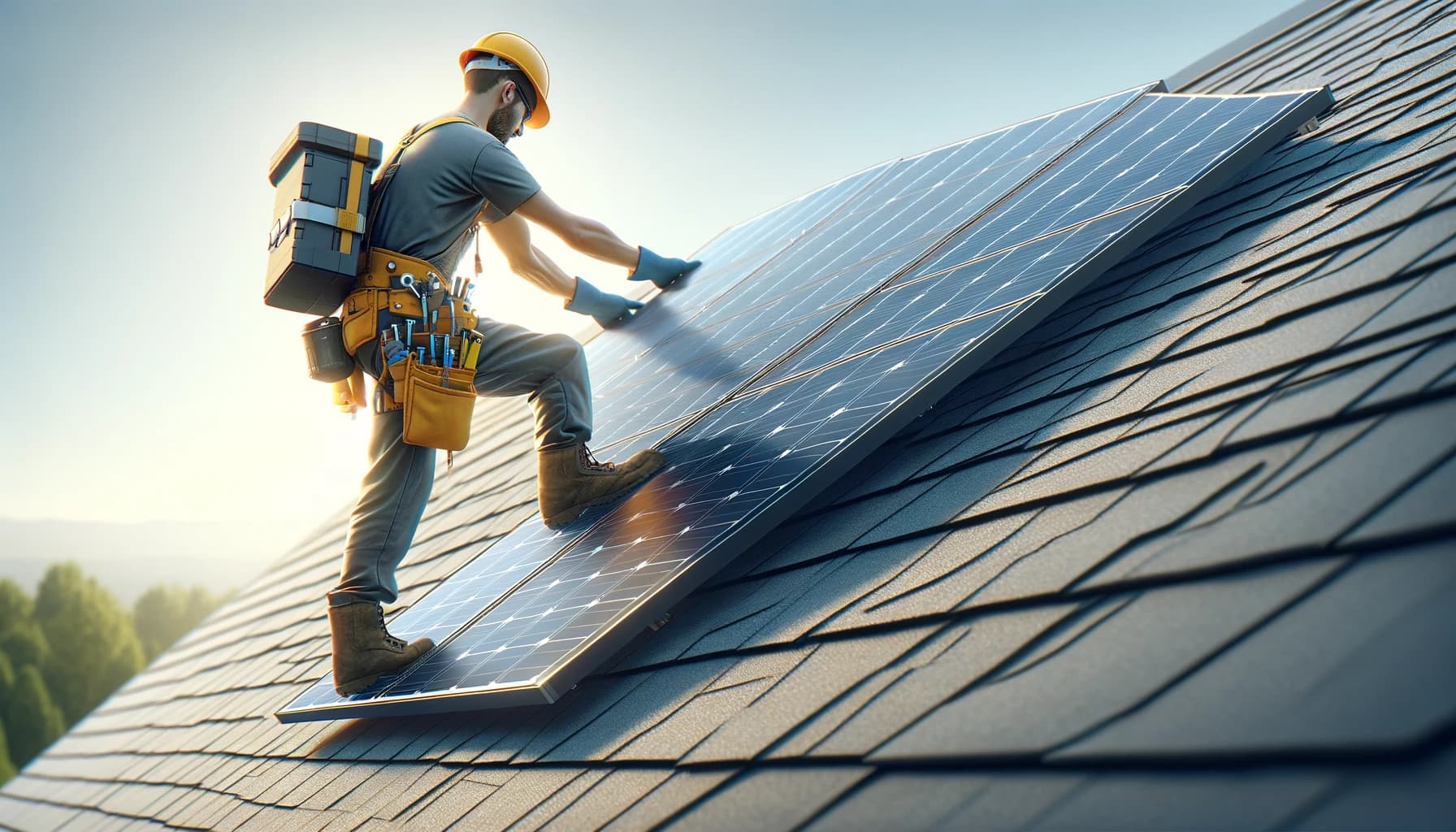 Mann auf Dach bringt Photovoltaikanlage an.