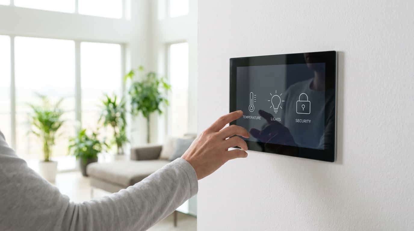 Hand bedient ein Smart-Home-Wandpanel zur Steuerung von Temperatur, Licht und Sicherheit