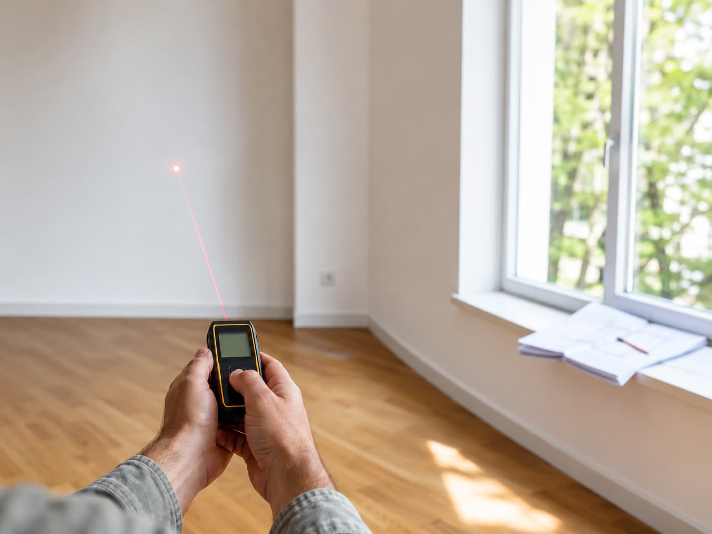 Wohnfl&auml;che wird mit einem Lasermessger&auml;t in einem hellen, leeren Raum mit Parkettboden ausgemessen